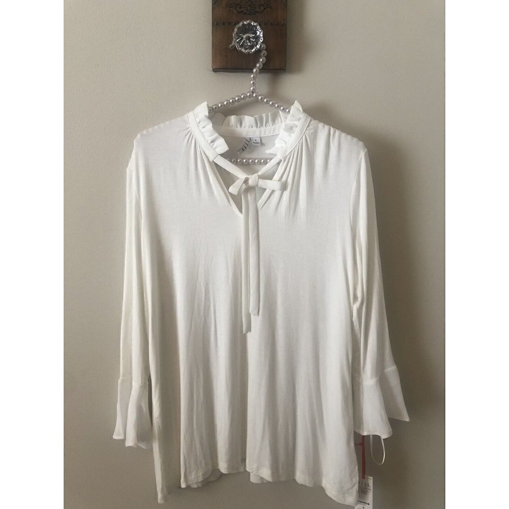 NWT Elle Womens Size Small Off White Blouse 3/4 Bell Sleeves Tie Neck
